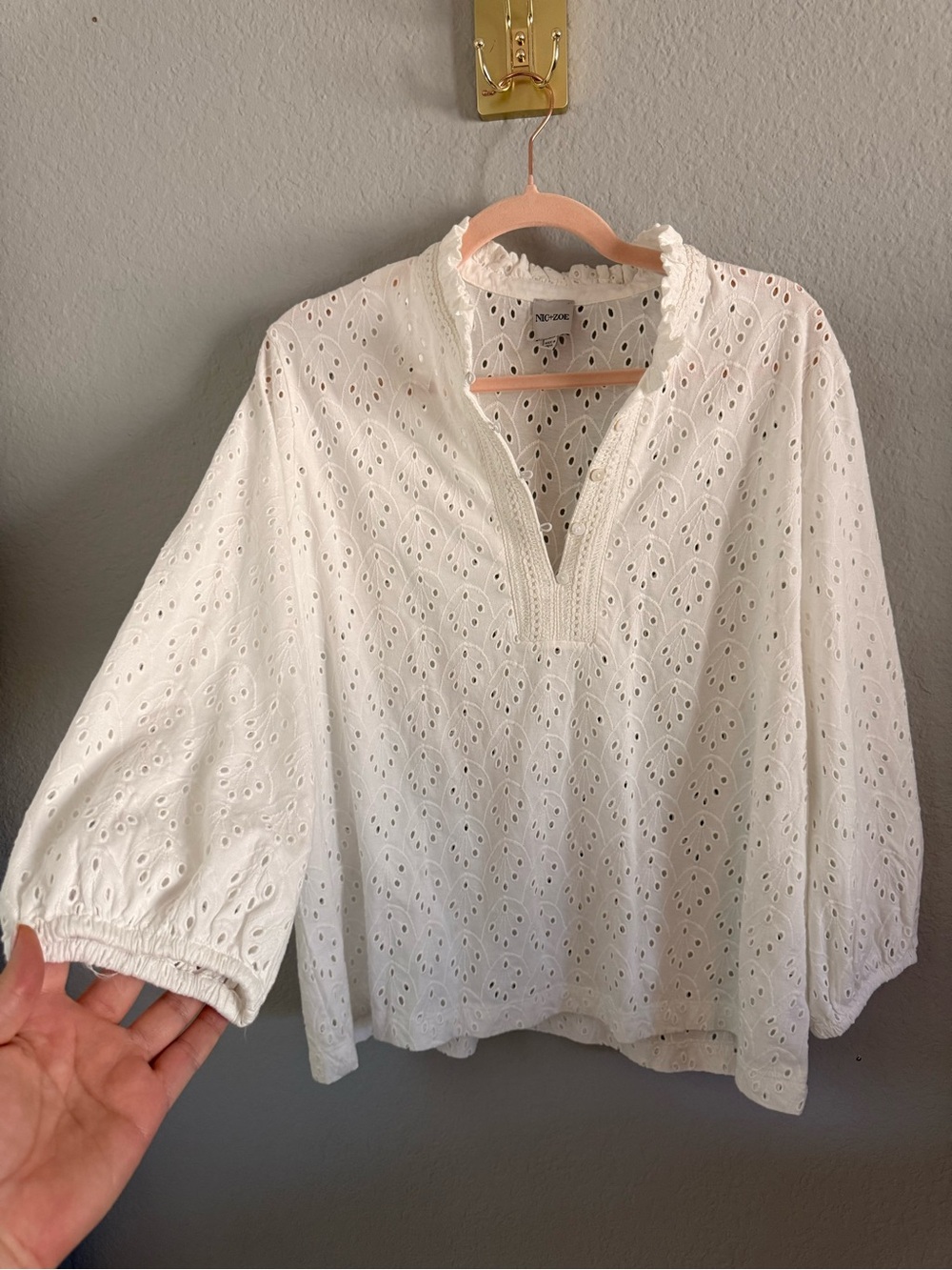 NIC+ZOE White Eyelet Ruffle Neck Blouse XL